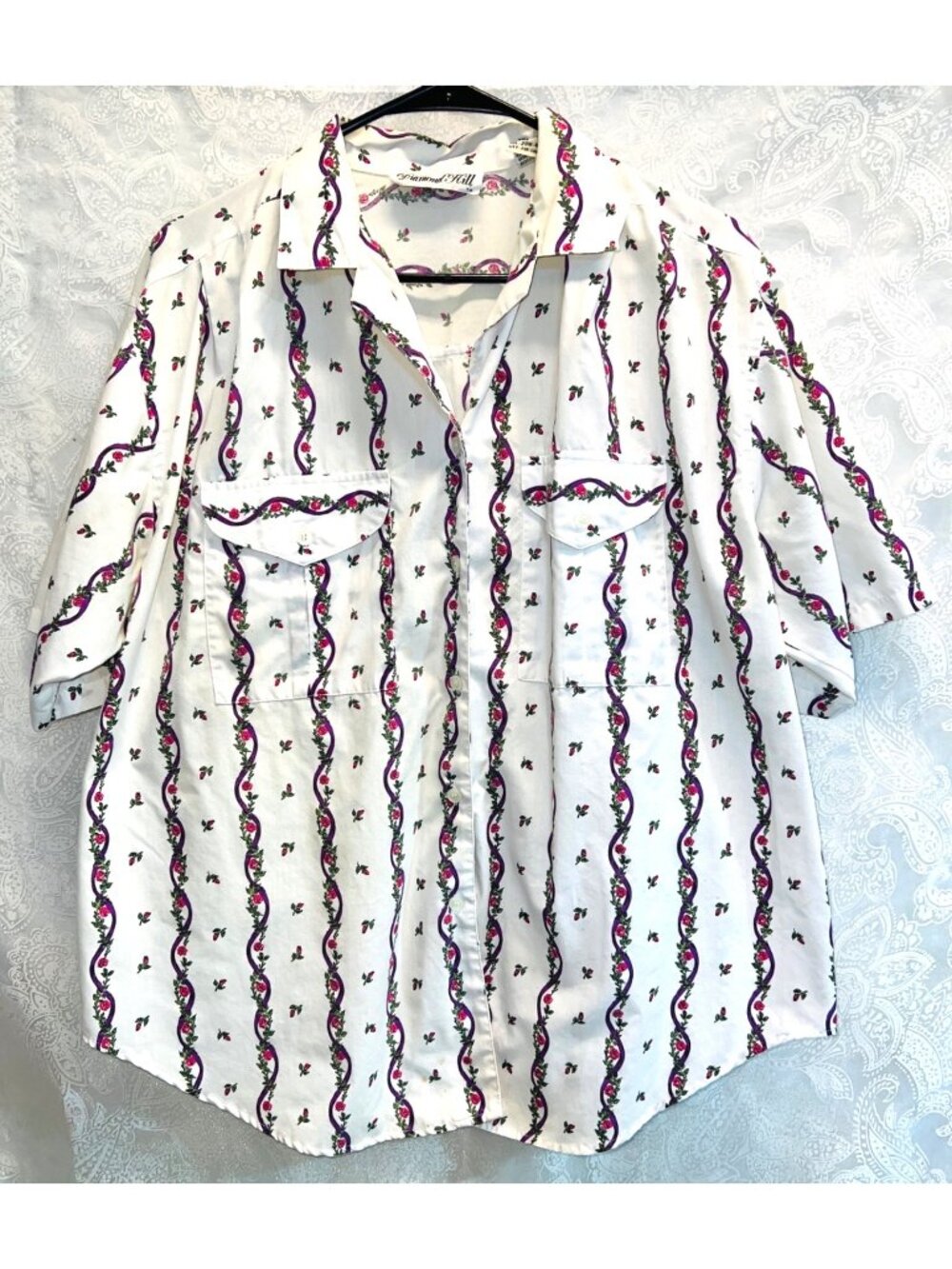Diamond Hill Womens Button-Up Blouse Floral Print 20W Purple & Pink Roses